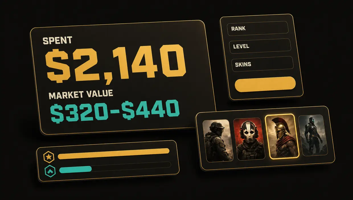 Pick a game, fill in rank, level and skins, and the result shows spend of $2,140 in gold above a market value range of $320 to $440 in teal. There is no sign-in step anywhere in it.